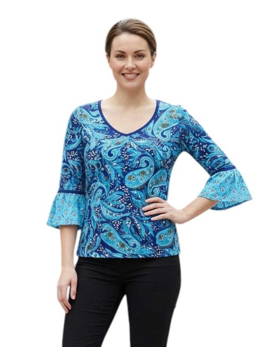 Vera Bradley Blue Daisy Paisley Kelsey Flutter Top, M